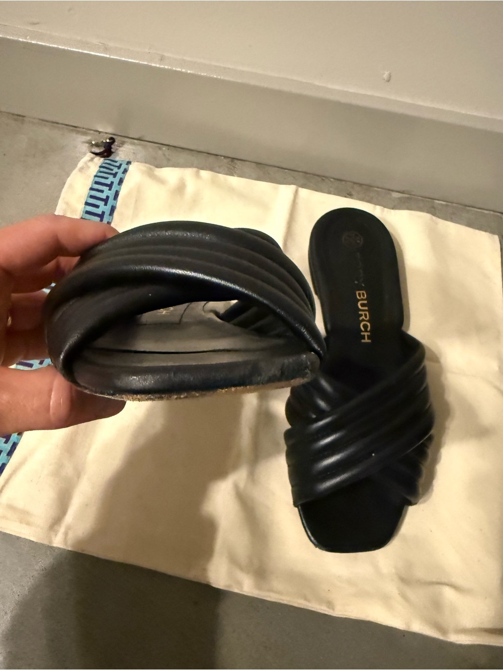 Tory Burch Black Padded Crossband Slide Mules - Picture 3 of 6
